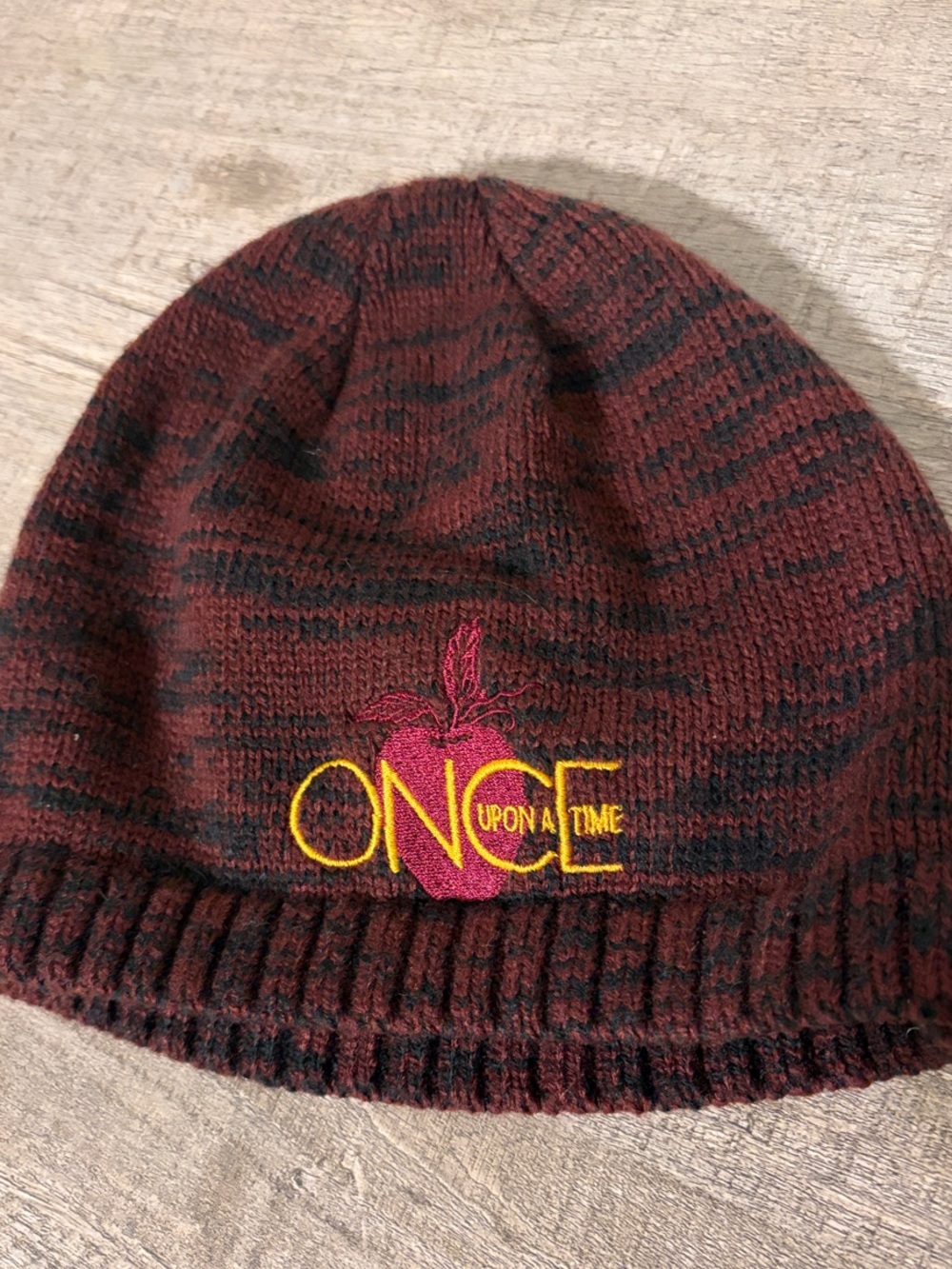 District Kids Maroon and Black Knit Beanie with Yellow Embroidery